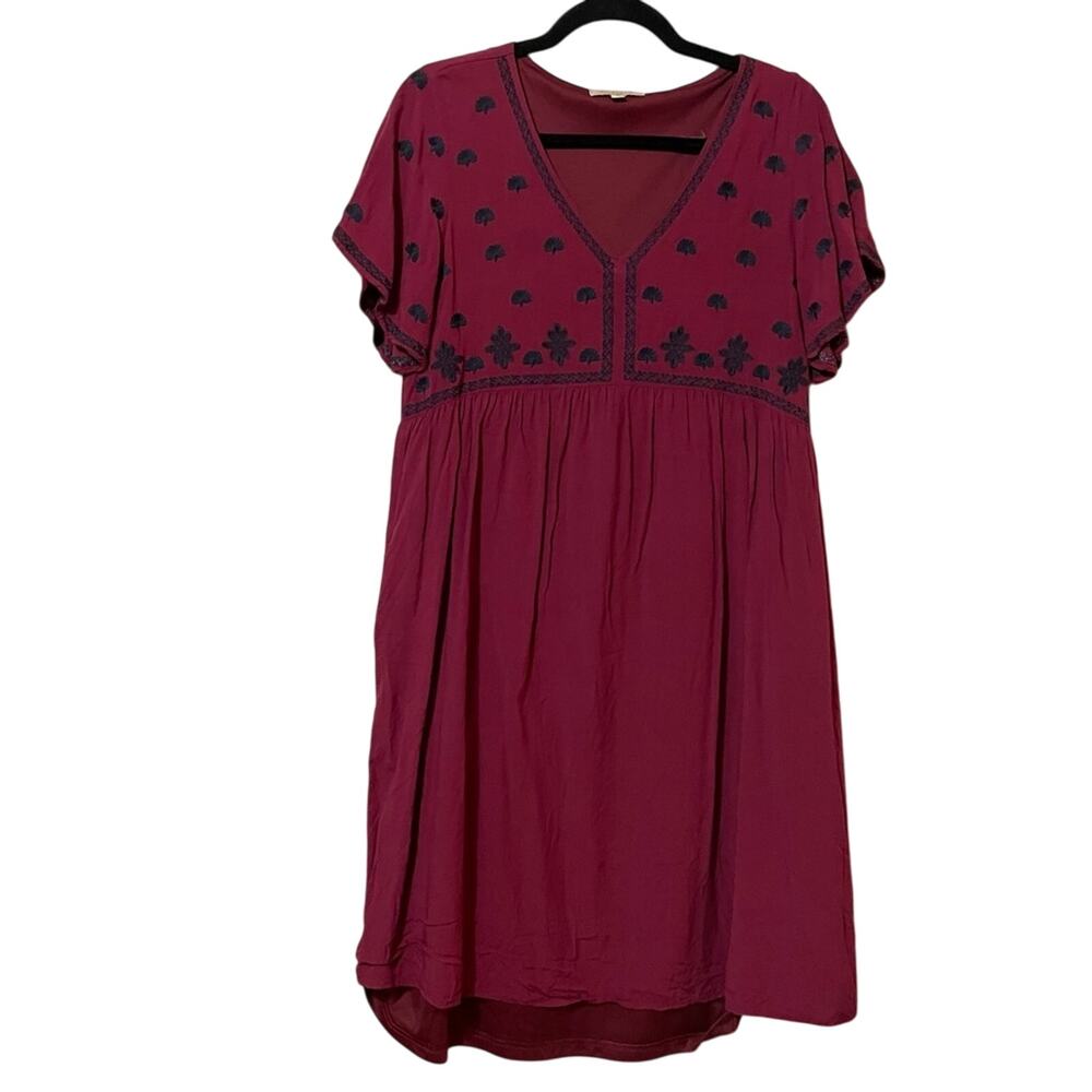 Polagram Burgundy Boho Embroidered Boho Short Sleeve Babydoll Dress Womens S